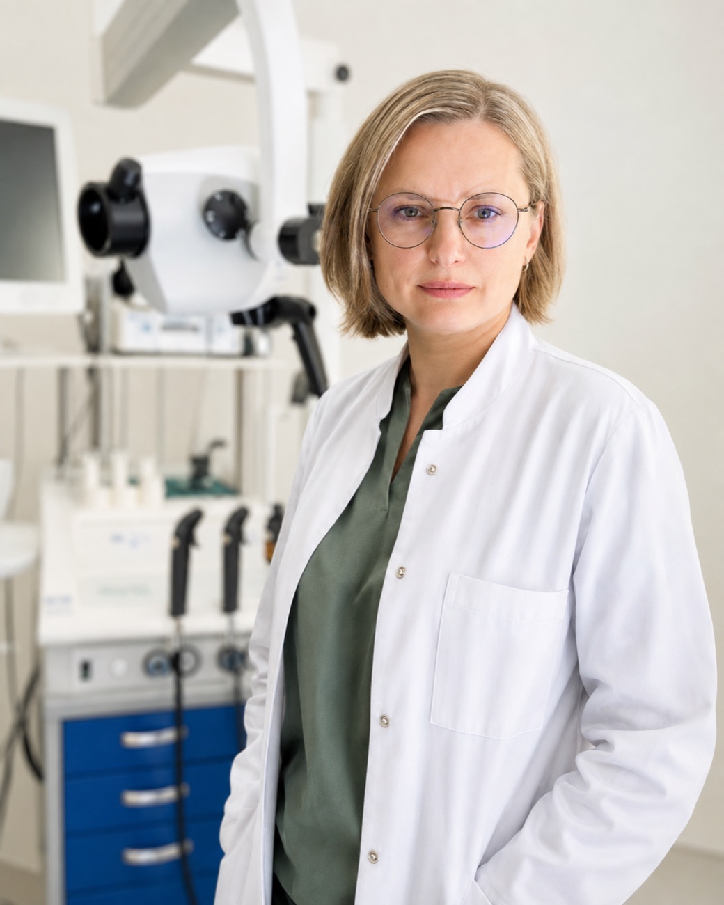 dr. Irina Arechvo apžiūros kabinete prie ausų mikroskopo