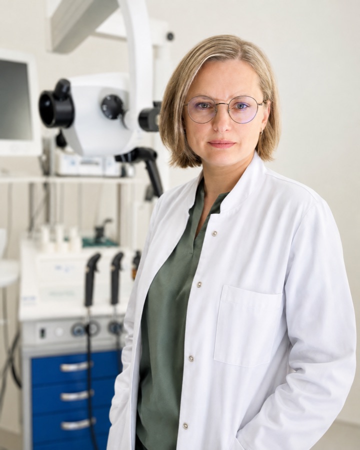 dr. Irina Arechvo apžiūros kabinete prie ausų mikroskopo